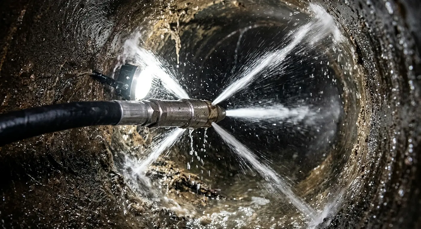 High-pressure hydro jetting nozzle cleaning sewer pipe for Storm Drain Cleaning in Burlington