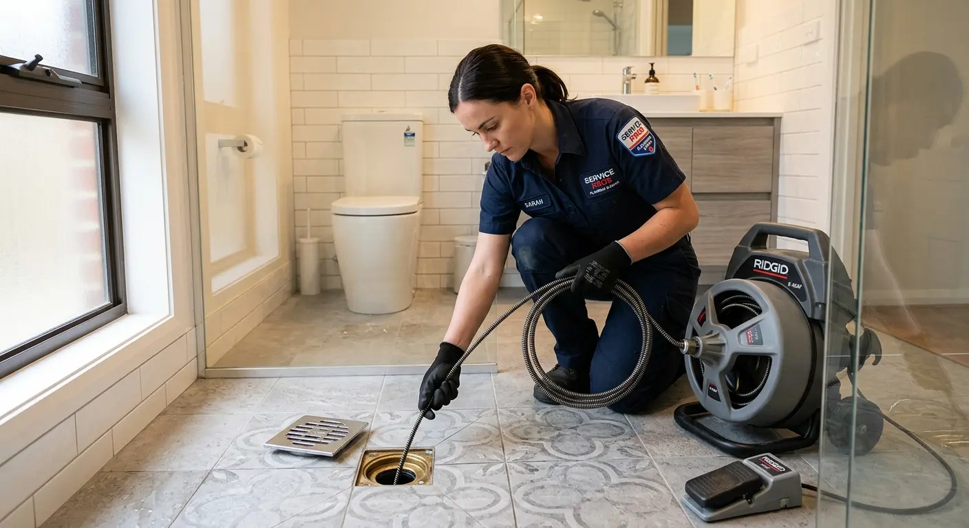 Technician clearing a bathroom floor drain for Sewer Line Installation in Burlington